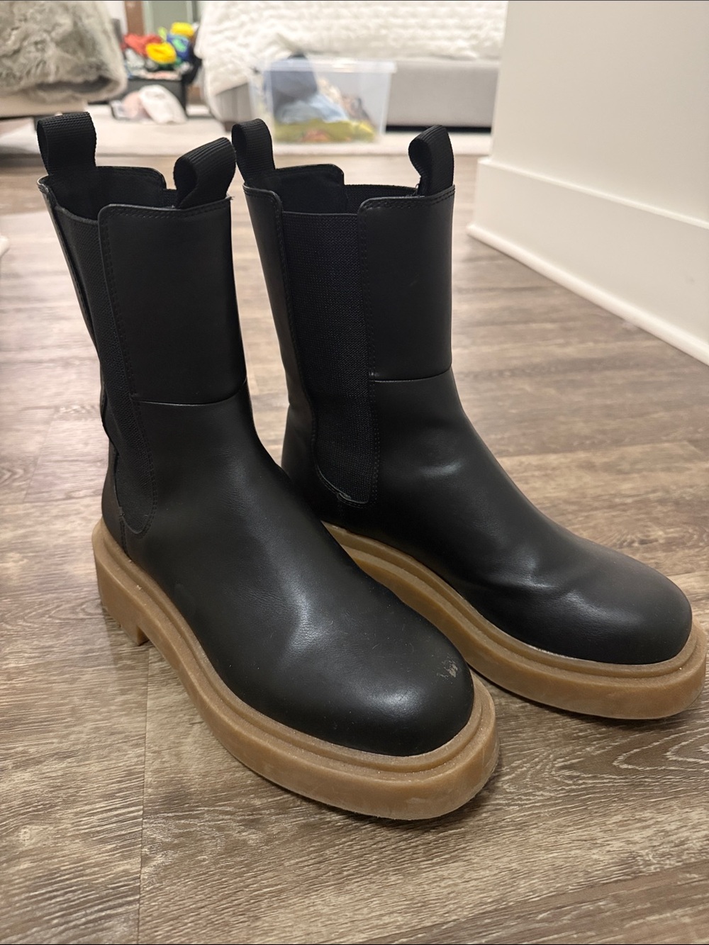 Black Chelsea Boots with Tan Sole